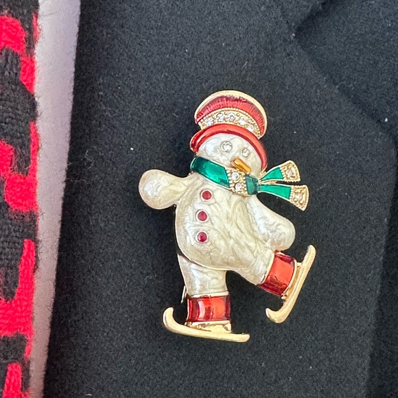 Monet Festive Skating Figures Snowman Brooch with Red Green White & Gold Accents - Picture 7 of 8